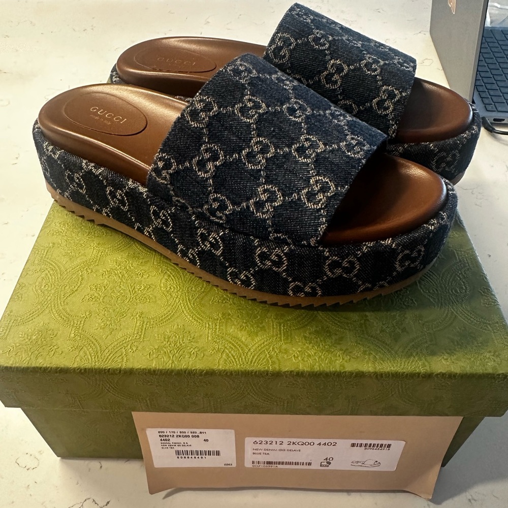 Gucci Navy Monogram Platform Sandals - Picture 4 of 12